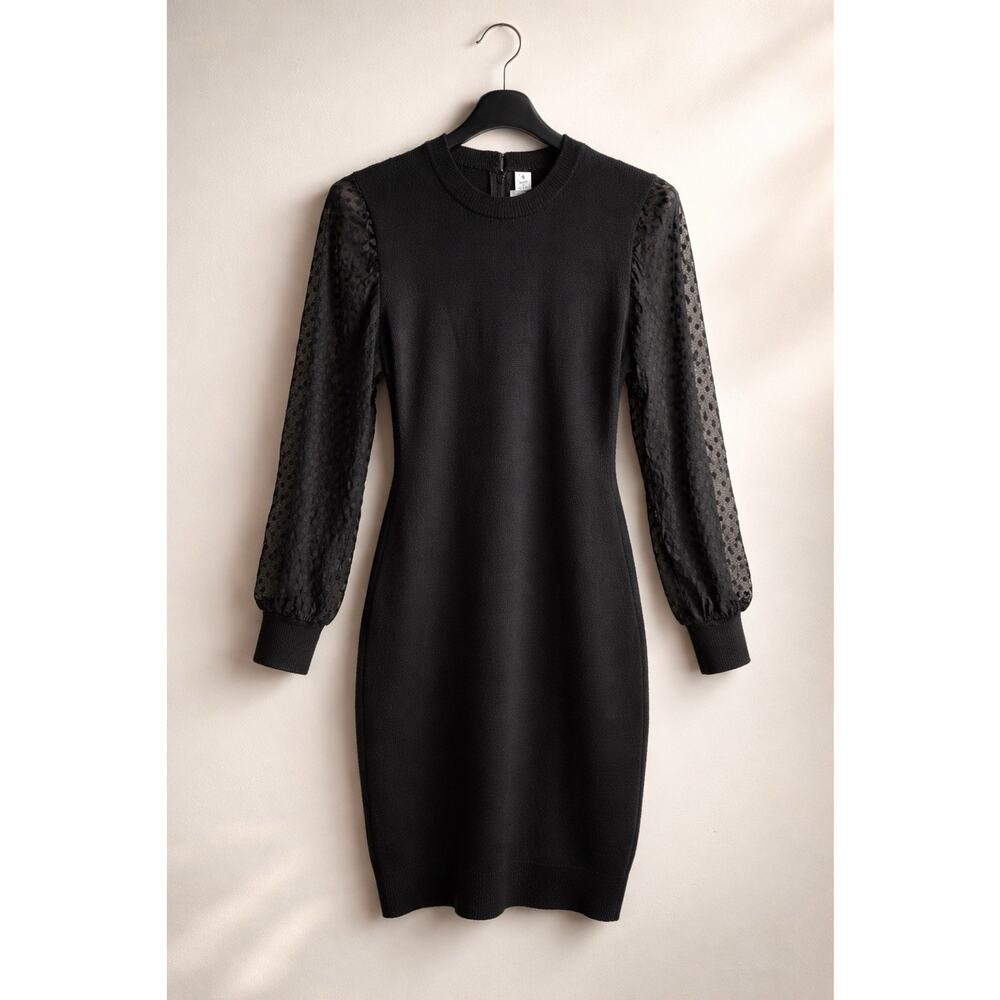 St John Collection Black Knit Dress Sheer Polka Dot Flocked Sleeves USA Sz 4